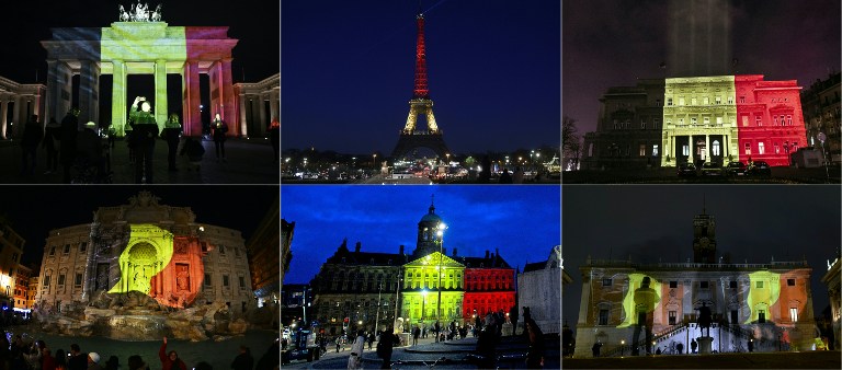 (COMBO) This combination of pictures created on March 22, 2016 shows colours of the Belgian flag being projected on to (from top L) the Brandenburg Gate in Berlin, the Eiffel Tower in Paris, the town council building in Belgrade, the Trevi Fountain in Rome, the Royal Palace at Dam Square in Amsterdam and Rome's Campidoglio in tribute to the victims of Brussels following the triple bomb attacks that killed about 35 people and left more than 200 people wounded.  / AFP / AFP AND ANP / Serbia OUT - Netherlands OUT